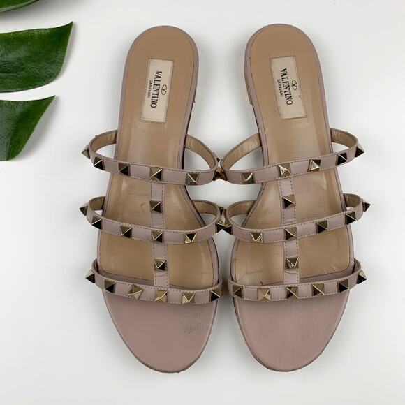 Valentino Rockstud Caged Sandals Flats Slip On Poudre Women’s 38.5 US 8.5 - Picture 1 of 13